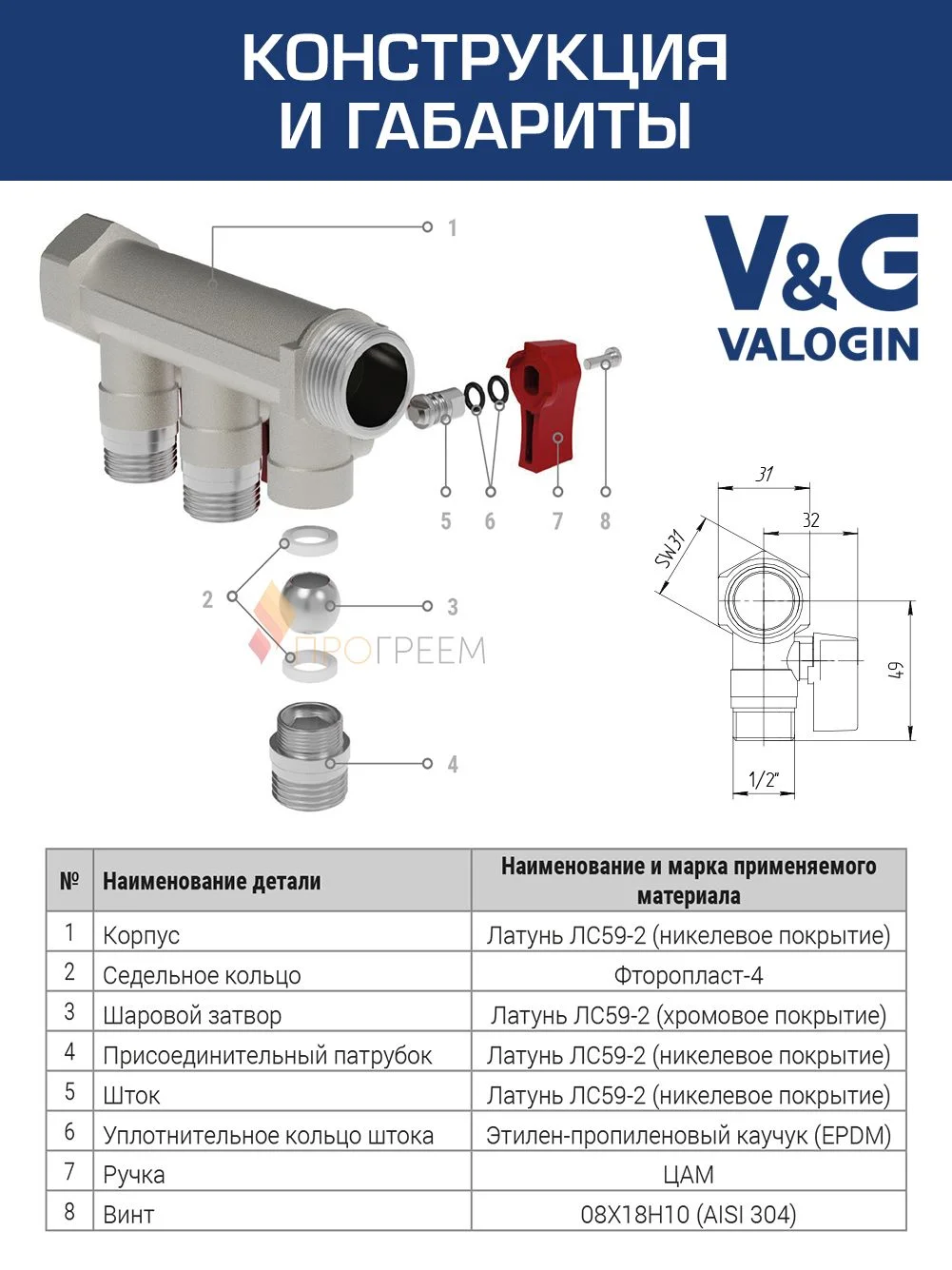 ᐉ Коллектор латунный распределительный V&G VALOGIN шаровой 3/4" - 4 выхода х 1/2" VG-902103 ✅ фото | V&G VALOGIN ⭐ Progreem.by