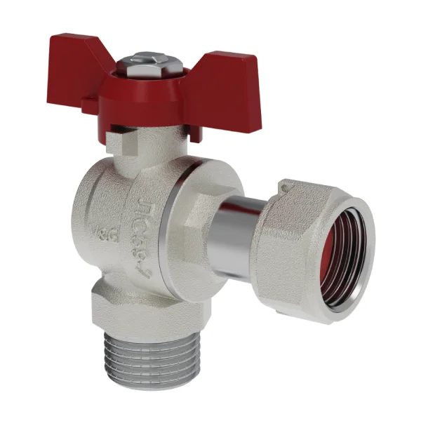 Кран шаровой V&G VALOGIN 1/2" угловой с накидной гайкой ВхН, ручка "флажок"