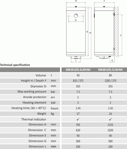 ᐉ Электрический водонагреватель Sunsystem MB EL SLIM NH [80 л] ✔️ фото | ⏩ Progreem.by